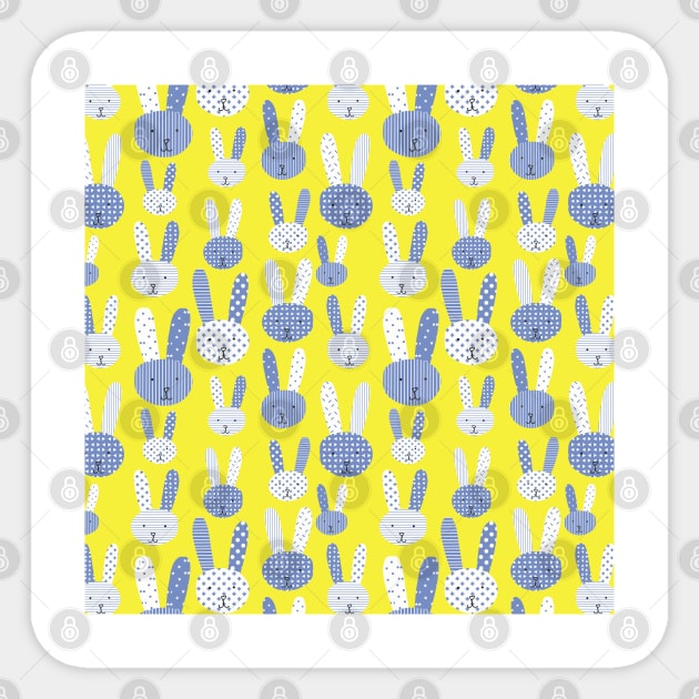 Blue bunnies. Collage bunnies. Doodle bunny. Blue bunnies on a lime background. Blue rabbit. Cute babies and children's fabric. Sticker by Sandra Hutter Designs